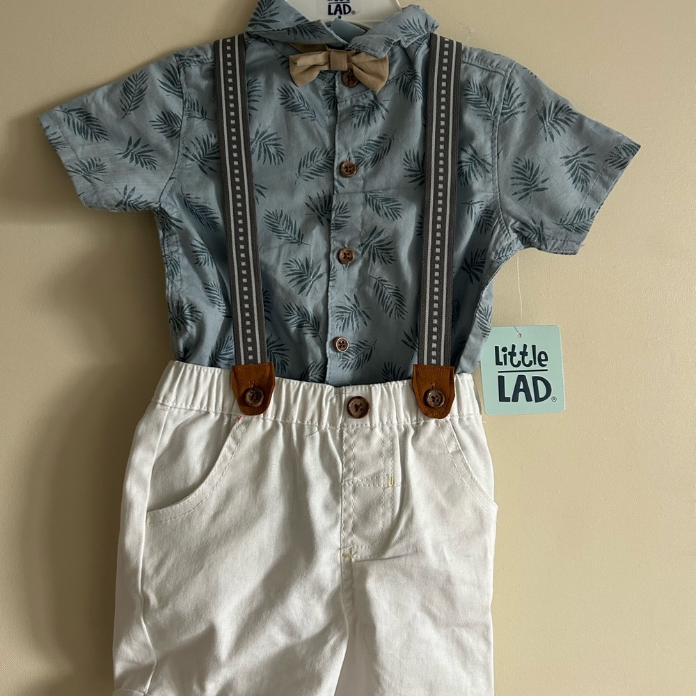 Little Lad Blue Leaf Shirt and White Shorts with Suspenders